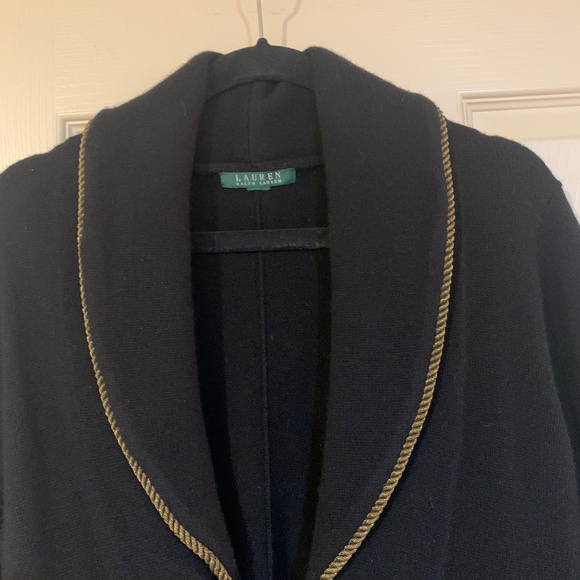 Lauren Ralph Lauren Black/Gold Shawl Collar Wool Sweater sz L - Picture 2 of 5